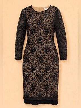 Badgley Mischka Black Lace Midi Dress with Nude Underlay